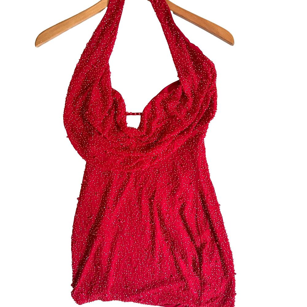 The Vintage Shop Beaded Halter Top L Ruby Red Party Stretch NWOT